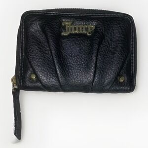 Juicy Couture Logo Black Leather Gothic Zip Around ID Card Cash Wallet
